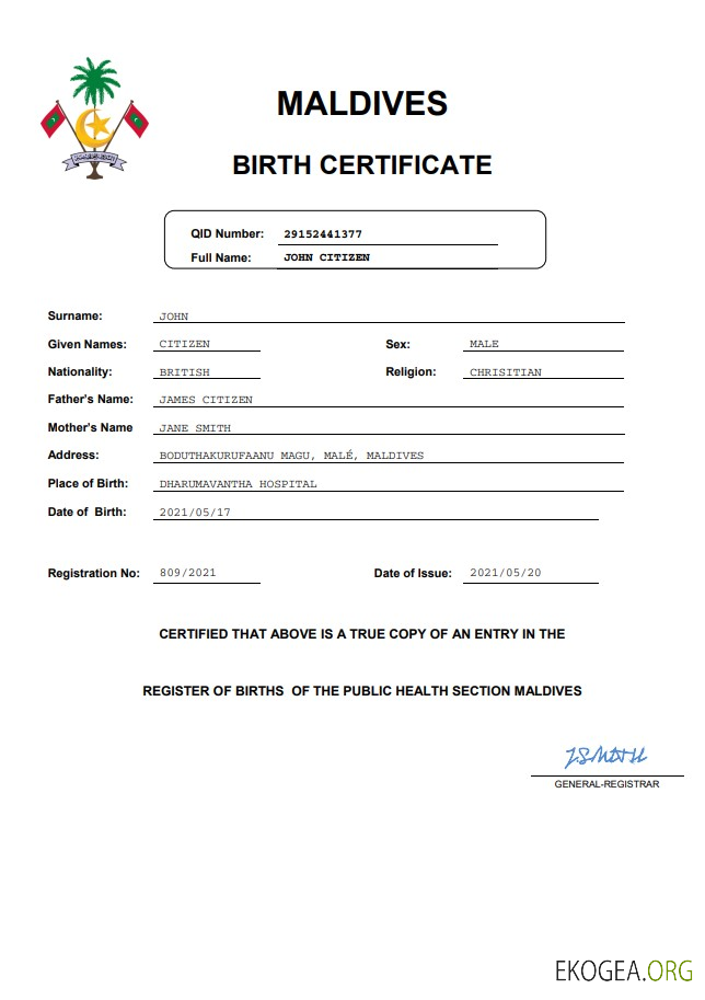 Modèle Word et PDF d'acte de naissance aux Maldives